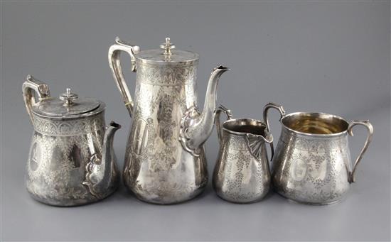 A Victorian silver four piece tea and coffee service by Robert Hutton, gross 51.5 oz.